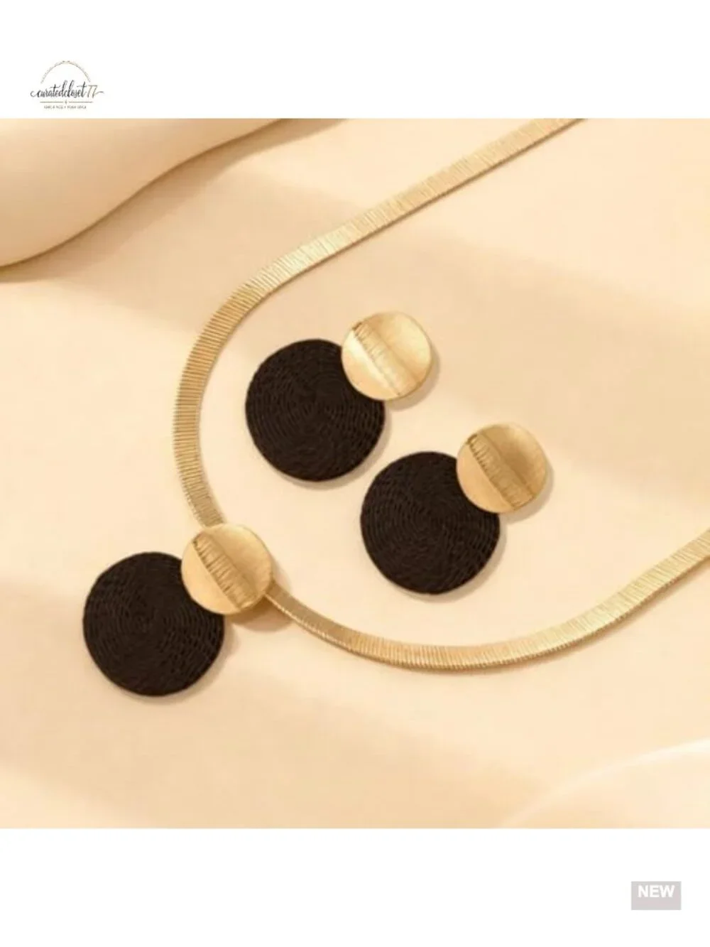 Chunky Disc Pendant Necklace Drop Earrings Set, Herringbone Choker, Statement